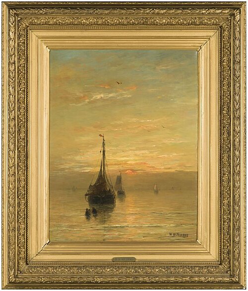 Zeegezicht met visserschepen bij ondergaande zon, 1915, Hendrik Willem Mesdag