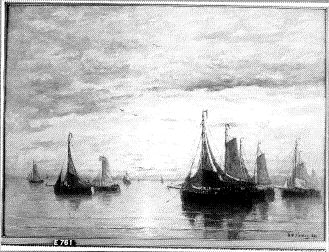 Vissersschepen op een rustige zee bij zonsondergang, 1895, Hendrik Willem Mesdag