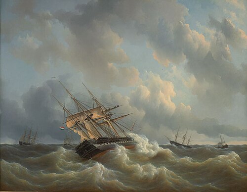 Squadron of Prince Henry of the Netherlands in the Channel during rough weather, 1843, 1843, Petrus Johannes Schotel
