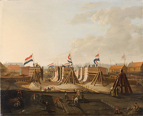 The construction of the Oosterdokssluis, viewed from the north, 1831, Petrus Kiers