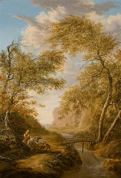 Bergachtig boslandschap met brug en waterval, , Vincent Jansz van der Vinne