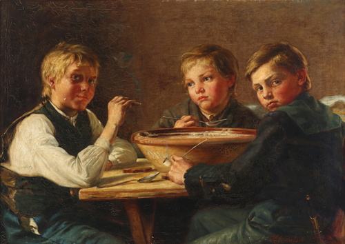 Interior with three boys., 1892, H.C. Koefoed