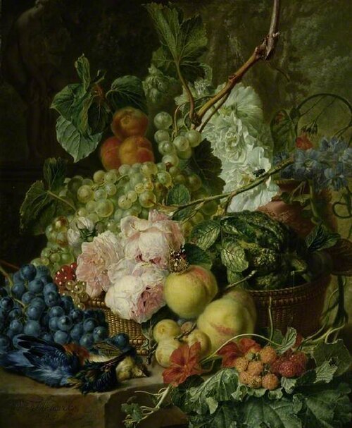 Basket of flowers and fruit, , Wybrand Hendricks