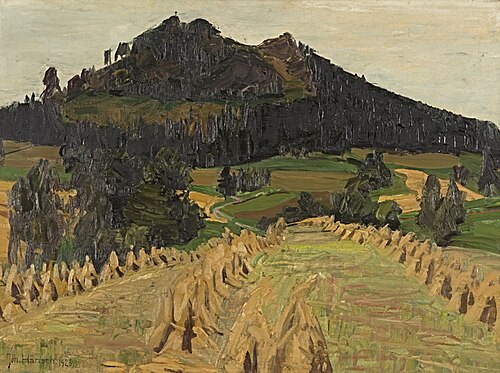 Kornfeld vor einem Berg. Kreuzbach bei Fischbach im Riesengebirge, 1926, Johannes Hänsch