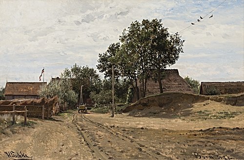 Born. Dorfstraße mit Pferdekarren und reetgedeckten Häusern, 1886, Hermann Eschke