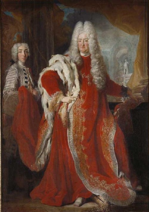 Kurfürst Karl III. Philipp von der Pfalz als Ordensgroßmeister mit Page, 1724, Pierre Goudreaux