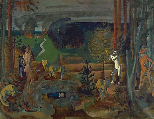 Grimmige Tiere und wilde Männer bedrohen das Menschenkind, 1918, Ernst Georg Rüegg
