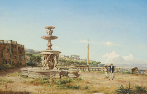 A mansion on a hillside outside Rome, with visitors at a fountain., 1850, Anders Christian Lunde