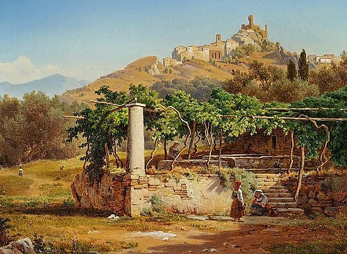 Italian landscape with a village on a mountain top, 1850, Anders Christian Lunde