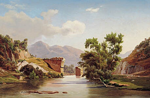 View from Italy with the remains of an aqueduct, presumably near Narni., 1850, Anders Christian Lunde