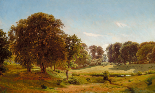 A plain surrounded by tall trees., 1850, Anders Christian Lunde