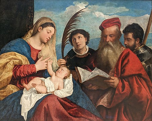 La Vierge à l'Enfant avec saint Étienne, saint Jérôme et saint Maurice, 1517, Titien