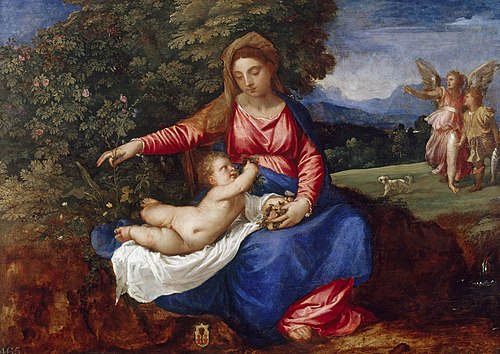 Madonna and Child in a Landscape with Tobias and the Angel, 1537, Titien
