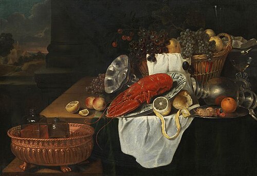 Still life with lobster, fruit and dishes, 1646, Andries Benedetti