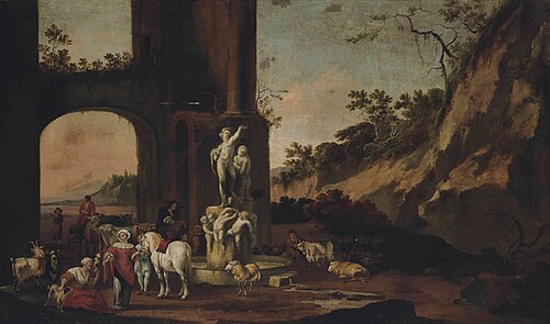 Rocky landscape with figures, horses, goats, bulls and sheep by a fountain, 1650, Antoine Goubeau