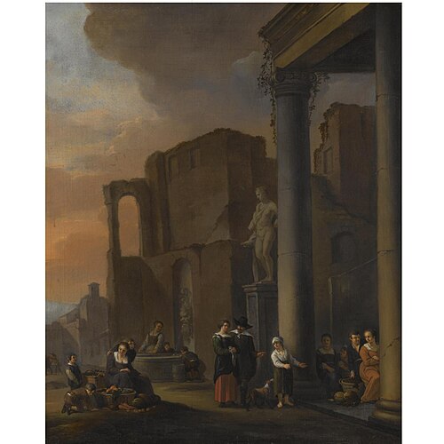 Capriccio scene with classical ruins and figures selling fruit and vegetables in the foreground, 1650, Antoine Goubeau
