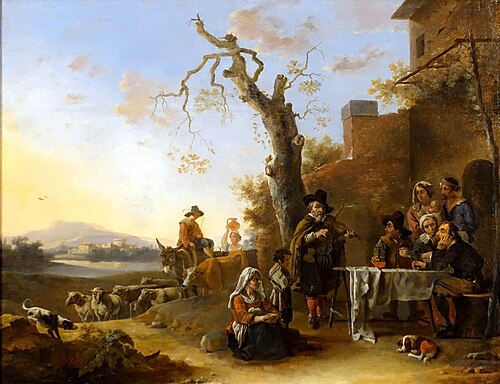 Travelling musician playing in front of a hostel, 1650, Antoine Goubeau