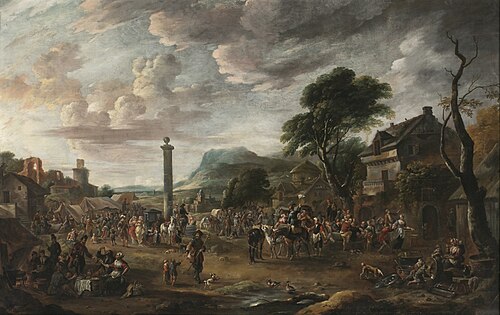 Busy market square of a village in the mountains, 1651, Antoine Goubeau