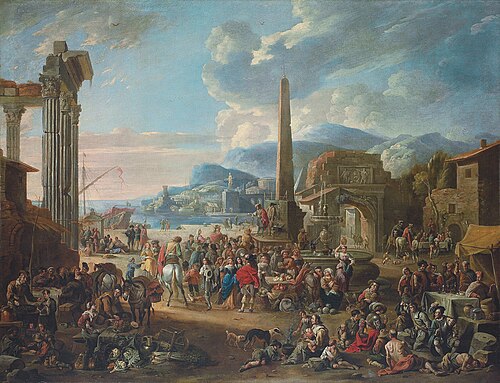 Capriccio of a mediterranean port with Roman ruins, 1664, Antoine Goubeau
