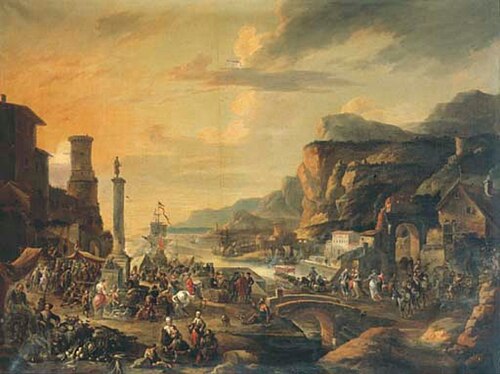 Market near a port in a mountainous landscape, 1670, Antoine Goubeau