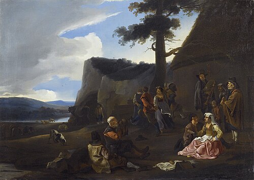 Tarantella - Mediterranean landscape with shepherds while celebrating and dancing, , Antoine Goubeau