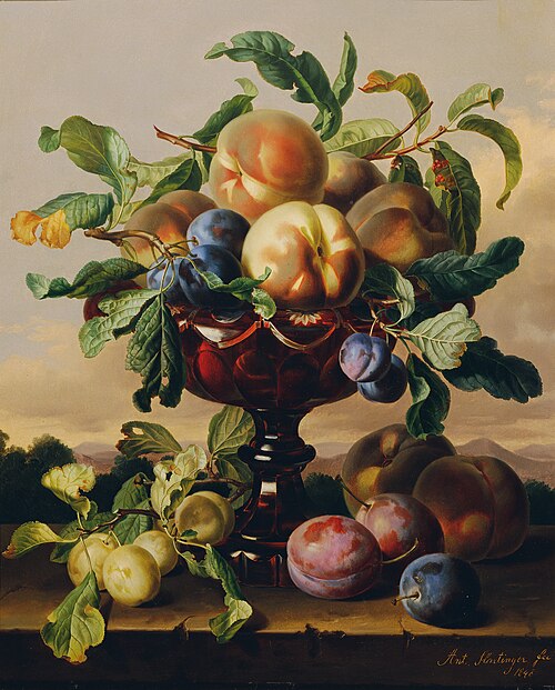 Stillleben mit Pfirsichen und Pflaumen in roter Glasschale, 1848, Anton Hartinger
