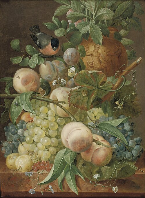 Grapes, peaches, berries and other fruit with a bird near a sculpted vase, all on a marble ledge, , Jean François Eliaerts
