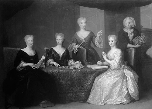 Group portrait of the Regentessen and the binnenmoeder of the Spin- & Nieuwe Werkhuis Amsterdam, 1728, Arnold Boonen