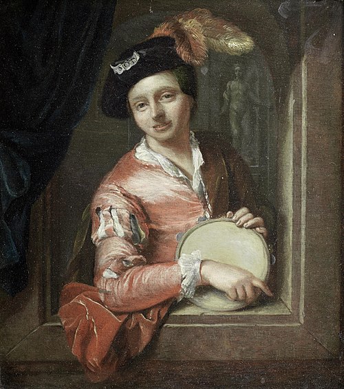 A young boy holding a tambourine, at an arch, 1729, Arnold Boonen