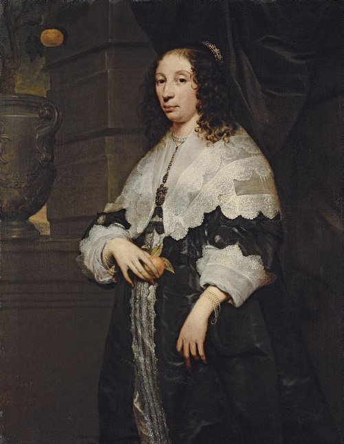 Portrait of a Lady in a black dress and a lace collar holding an orange, 1641, Arnold van Ravesteyn