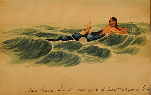 A Lima lady swimming with the Indian swimsuit in Chosil, 1850, Pancho Fierro