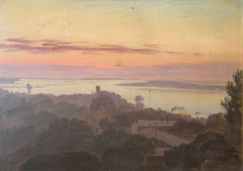 Saint John's Eve at Roskilde Fjord, seen from a window near the cathedral., 1885, August Jerndorff