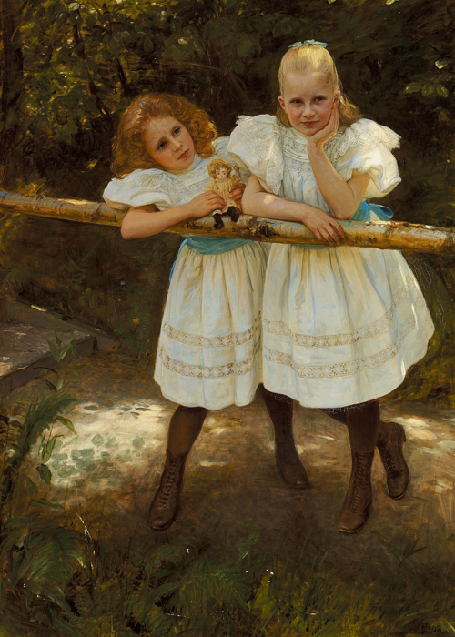 Gerda and Elin. Group portrait in a garden., 1898, August Jerndorff
