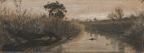 "De høje Rør med de svaje, bløde Duske, og de Siv [...], og de krogede Ellestammer og Buskene langs , 1890, August Jerndorff