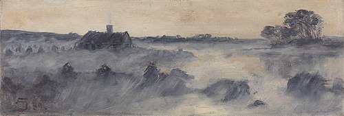 "De svaje Rør stak de flossede Dupper op i den violette Damp; og et lavt hus, hvis Yderveg var flett, 1889, August Jerndorff