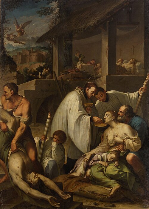 Hl. Aloysius von Gonzaga (?) bei den Pestkranken, , Aureliano Milani