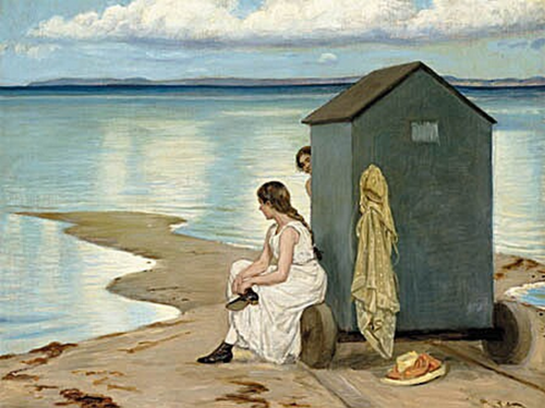Bathing girls at Hornbæk beach., 1886, Axel Helsted
