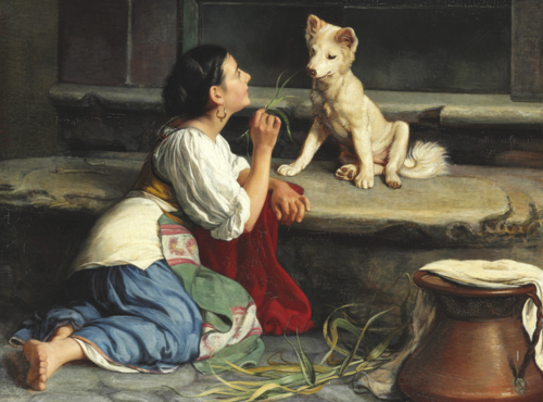 A young Italian woman playing with a dog, 1872, Axel Helsted