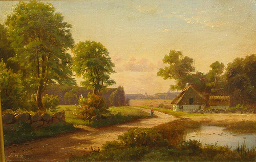 A woman walking near a village pond in summer., 1880, Axel Helsted