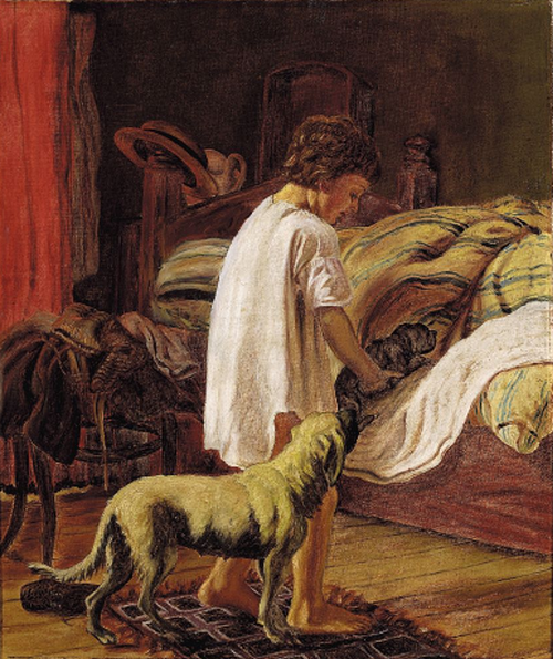 Bedtime. Little boy and puppy turn in., 1886, Axel Helsted