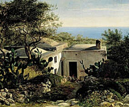 View from Capri with a mother and child in front of a house., 1871, Axel Helsted