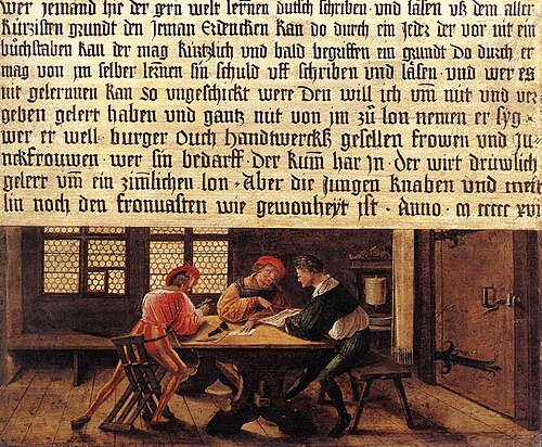 Enseigne d'un maître d'école (côté avec les adultes), 1516, Hans Holbein le Jeune