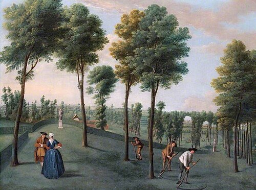 The North West Woodlands with Gardeners Scything, Hartwell House, Buckinghamshire, 1738, Balthasar Nebot