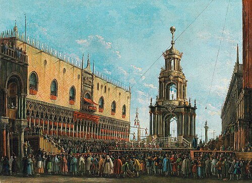 The ‘Giovedi Grasso’ Festival before the Ducal Palace in Venice, 1844, Giuseppe Bernardino Bison