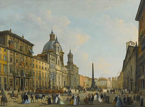 Rome, a view of Piazza Navona with elegantly dressed figures, 1832, Giuseppe Bernardino Bison