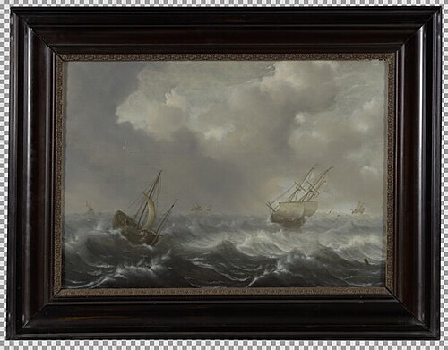 Een haringbuis en een koopvaarder in stormachtig weer op zee, , Hendrick Staets