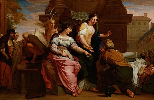 Allegory of the entrance of Men & Women into the Amsterdam Old Folks' Home, 1685, Barend Graat