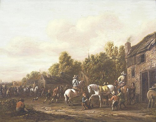 Ruiters en voetvolk bij een smidse in een dorp, 1663, Barent Gael