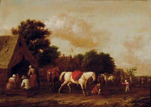 Peasants by a cottage with a horse stalling, 1655, Barent Gael
