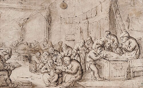 Wiejska szkoła z nauczycielem ostrzącym pióro, 1635, Bartholomeus Molenaer